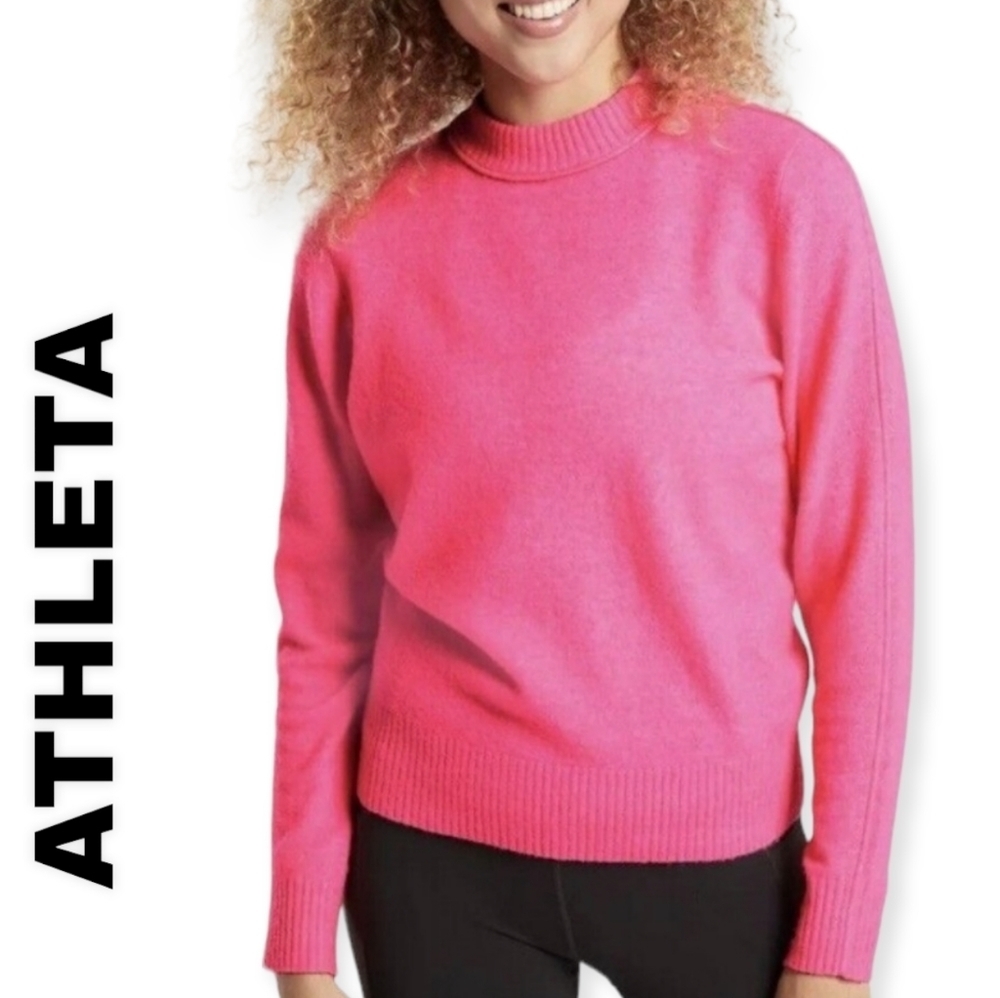 ATHLETA Crew Neck Pullover Hot Pink Extra Fine Merino Wool Soft Sweater